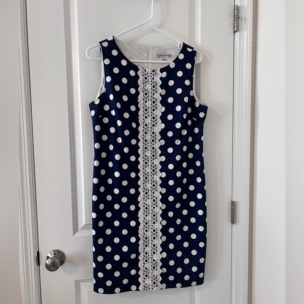 Madison Leigh Blue with White Polka Dots Sheath Dress Sleeveless Crew Neck